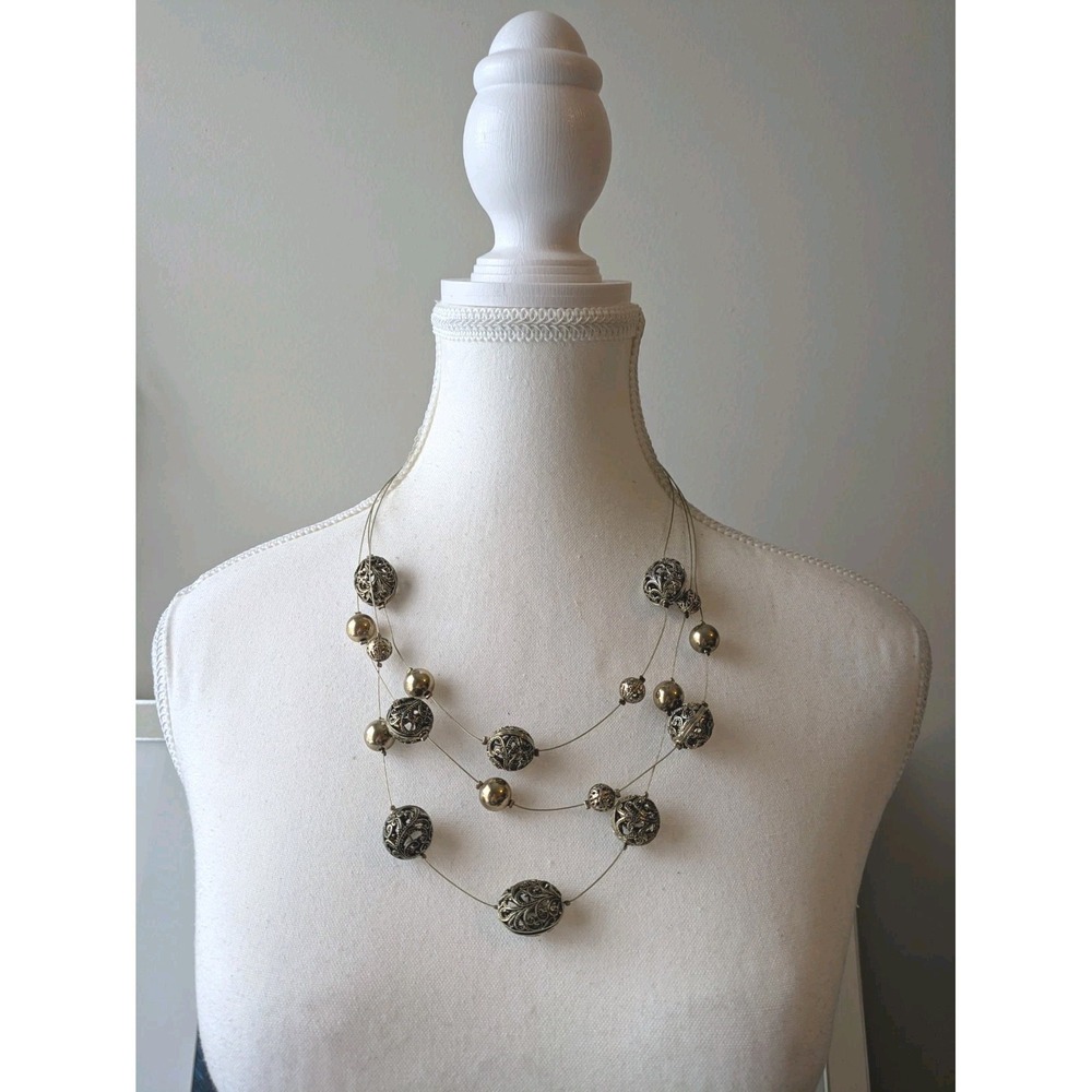 Avenue Multi Strand Necklace Antiqued Gold Tone Filigree Ball Station Layered